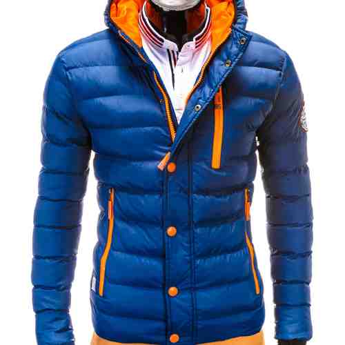 Geaca pentru barbati, bleumarin, ideal ski, de iarna cu gluga, fermoar si nasturi, model slim - c124