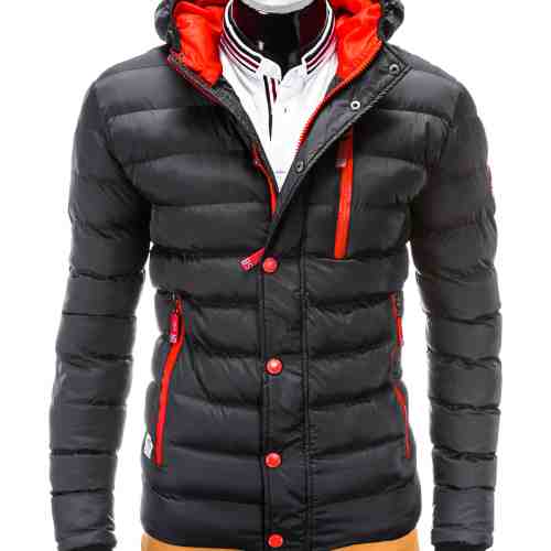Geaca pentru barbati, negru, ideal ski, de iarna cu gluga, fermoar si nasturi, model slim - c124