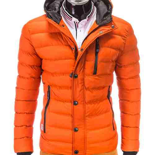 Geaca pentru barbati, portocaliu, ideal ski, de iarna cu gluga, fermoar si nasturi, model slim - c124