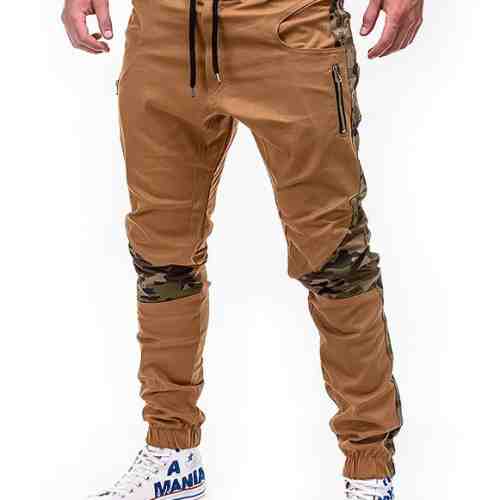 Pantaloni pentru barbati, camel, cu insertii de camuflaj, stli militar, army, banda jos, casual - P387