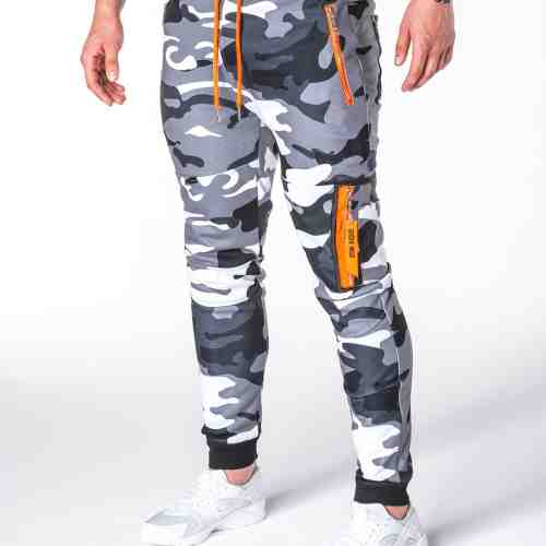 Pantaloni pentru barbati, camuflaj gri, stil militar, army, slim, cu banda, siret si buzunare - P658