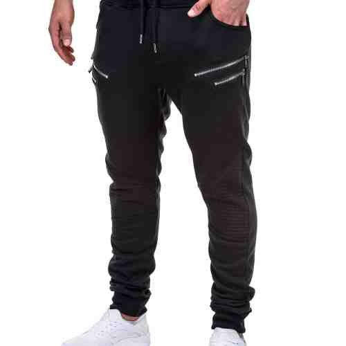 Pantaloni pentru barbati de trening, negru, fermoare decorative, banda jos, cu siret, bumbac - p422