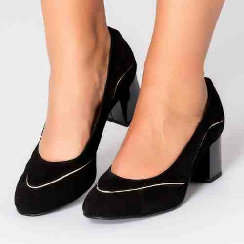 Pantofi negrii din piele intoarsa cu detalii ivory