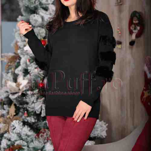 Pulover negru din tricot accesorizat cu blana naturala pe maneci