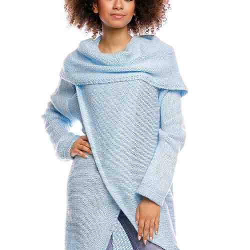 Pulover pentru femei, tricotat, lung, asimetric, bleu, stil cardigan - 30051