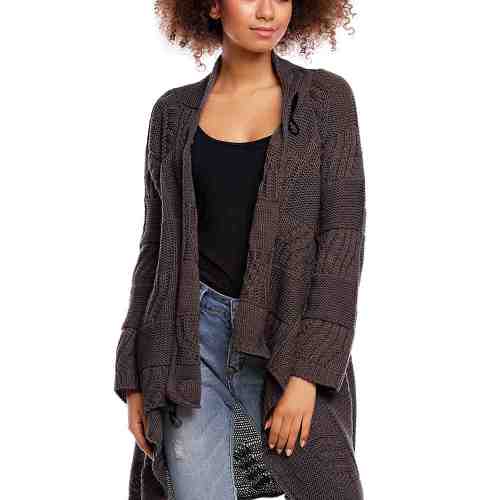 Pulover pentru femei, tricotat, lung, asimetric, gri-inchis, stil cardigan - 30049
