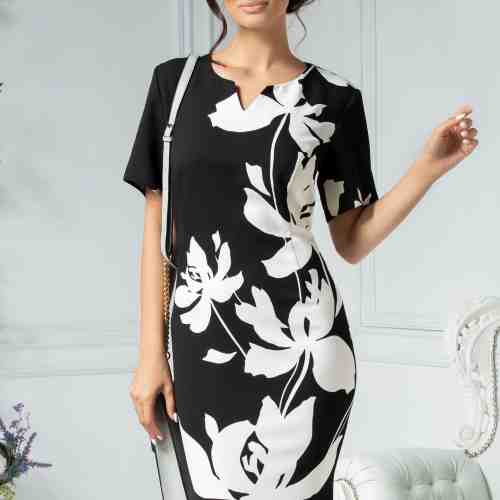 Rochie Agnes neagra cu flori mari albe