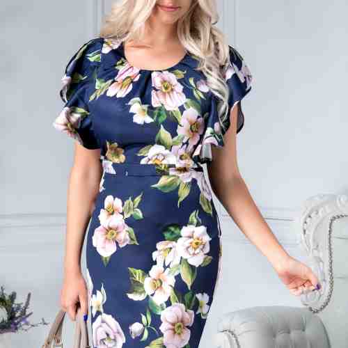 Rochie Alberta bleumarin cu flori rose