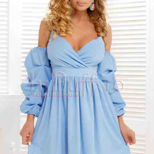Rochie Atmosphere scurta bleu cu maneci bufante