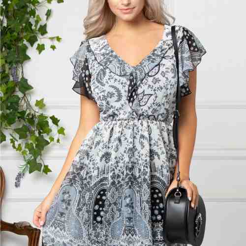 Rochie Betina vaporoasa alba cu imprimeu gri