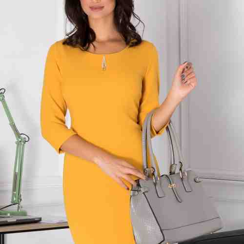 Rochie Callia galbena midi office cu detaliu la guler