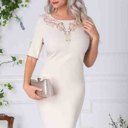 Rochie Cami bej de ocazie eleganta cu perlute si paiete delicate