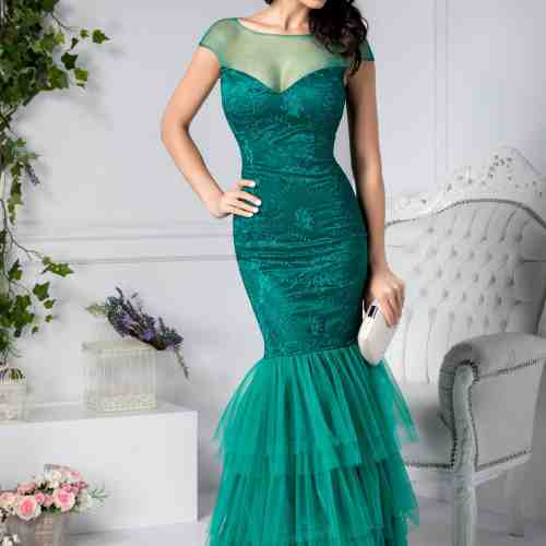 Rochie Charo verde lunga de seara cu dantela si broderie
