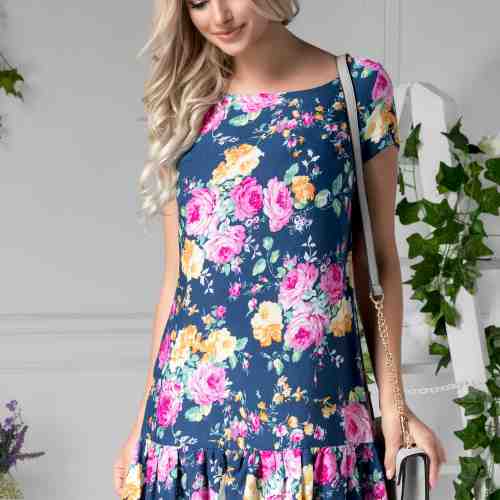 Rochie Dalia bleumarin de zi cu trandafiri
