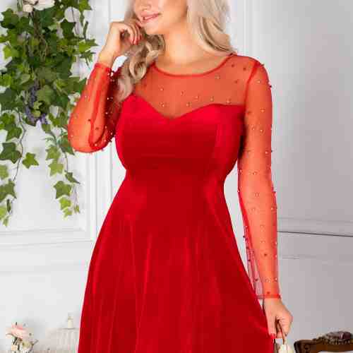 Rochie Doris rosie din catifea cu reflexe si perle