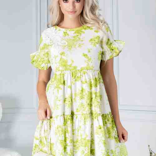 Rochie Dory alba cu imprimeu floral verde si aplicatie 3D