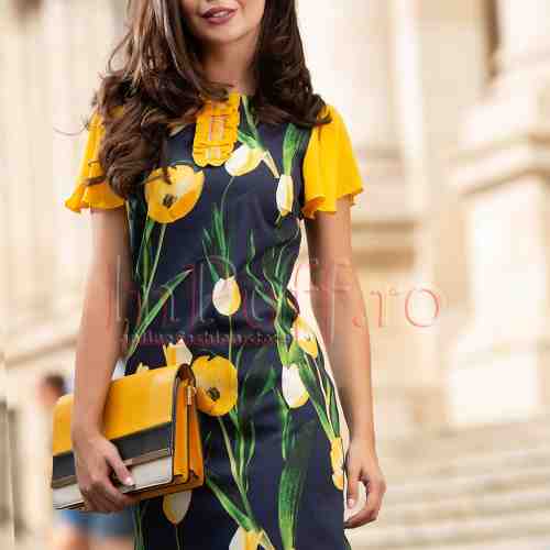 Rochie eleganta bleumarin cu imprimeu floral si detalii din voal galben