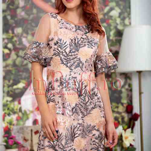 Rochie eleganta roz piersicuta cu volane