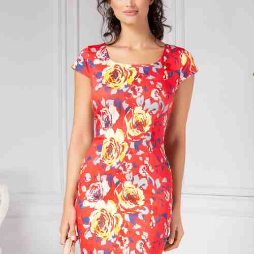 Rochie Erica rosie cu imprimeu floral galben