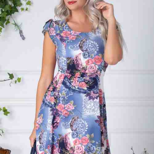 Rochie Floris de zi bleu si alb cu flori roz