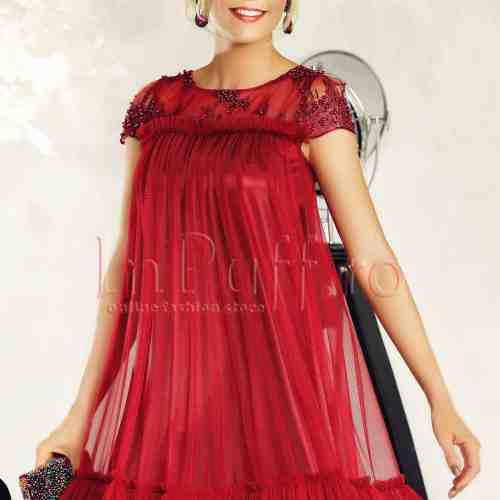 Rochie Fofy baby-doll bordeaux din tull cu maneca scurta