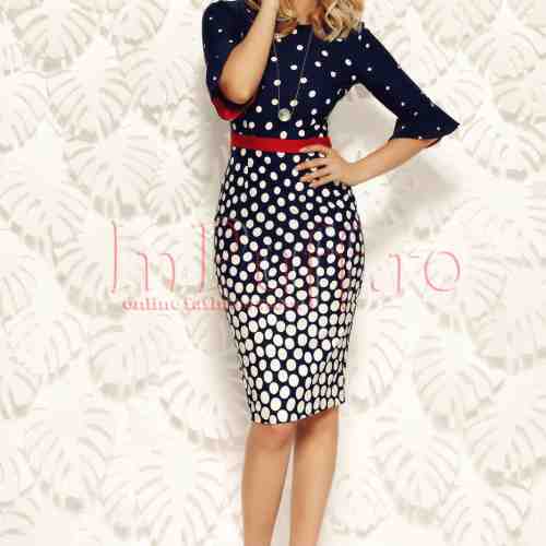Rochie Fofy midi bleumarin cu buline albe