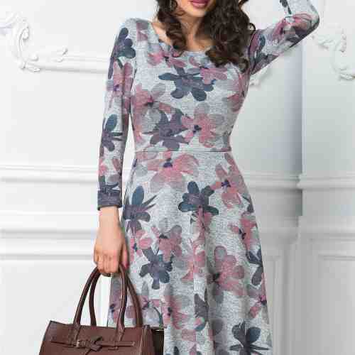 Rochie Ginette office gri cu imprimeuri