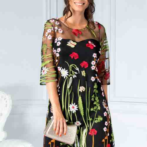 Rochie Isabel neagra de ocazie cu broderii florale colorate