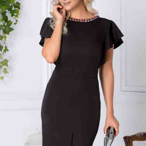 Rochie Lara neagra de ocazie cu aplicatii la guler