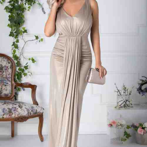 Rochie Lorys lunga bej metalizat cu pliuri la bust