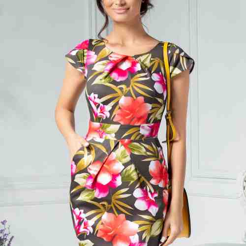 Rochie Marlen neagra cu flori corai si fucsia