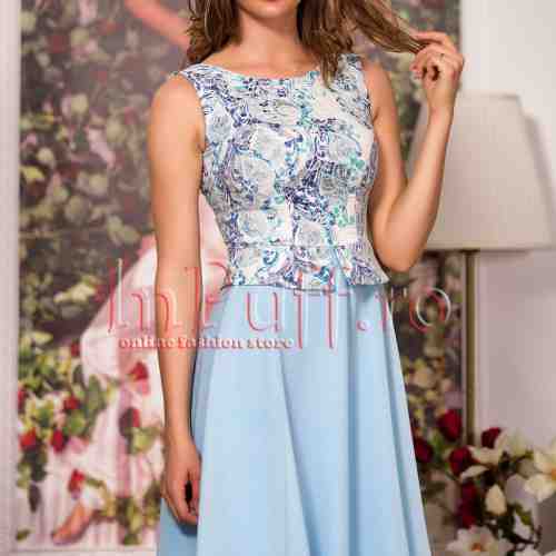 Rochie midi bleu cu bust din brocard