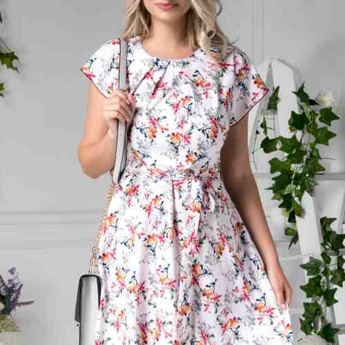 Rochie Missa alba de vara cu flori rosii si orange