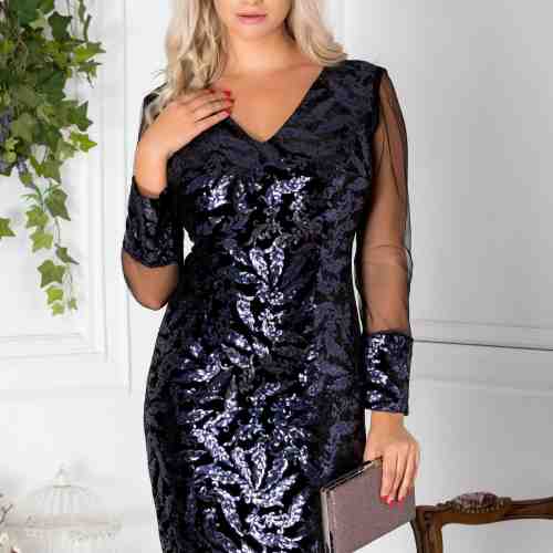 Rochie Moze de ocazie neagra cu broderie din paiete bleumarin