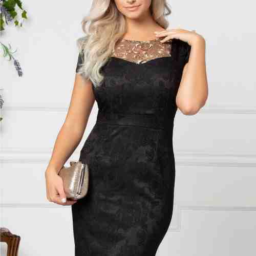 Rochie Nadia neagra din brocard cu broderie