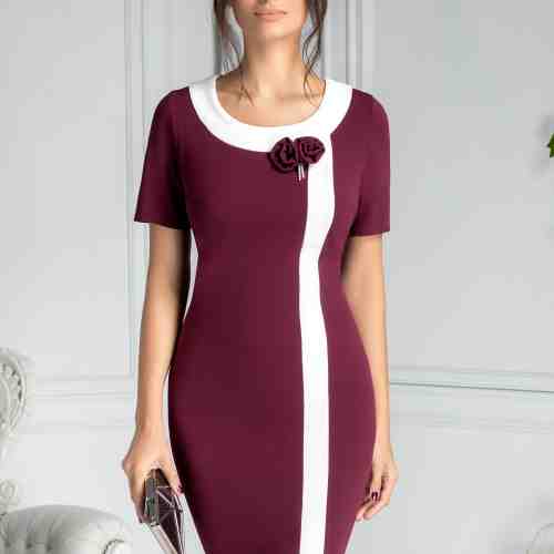 Rochie Natasa marsala de ocazie midi cu brosa