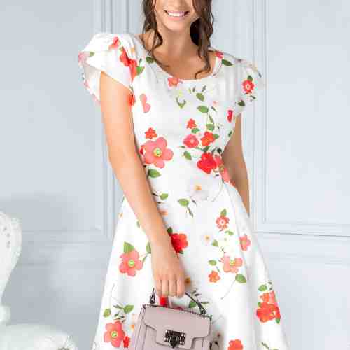 Rochie Omana alba de zi cu flori rosii eleganta