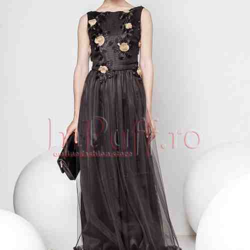 Rochie Pretty Girl de ocazie lunga din tul cu flori 3D la bust