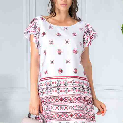 Rochie Tao alba scurta dreapta cu imprimeu traditional rosu si negru