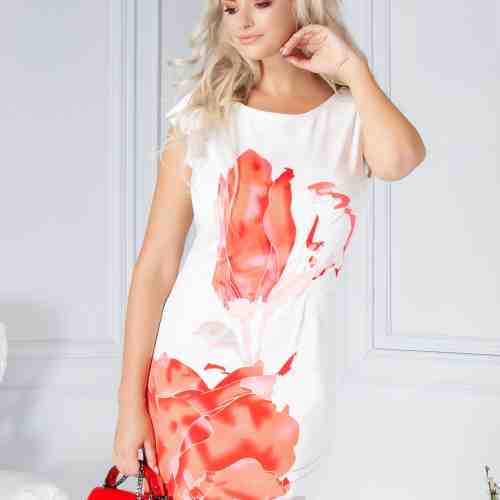 Rochie Tillie alba cu imprimeu corai watercolor