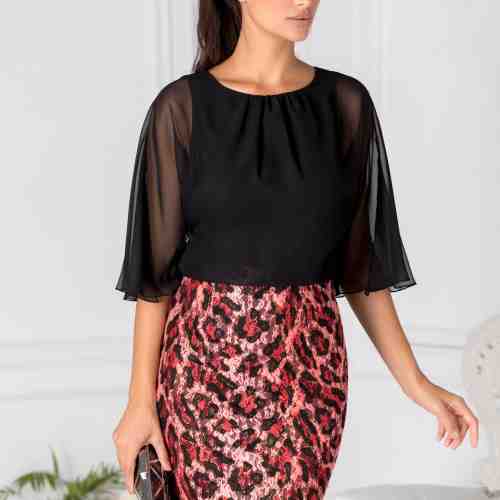 Rochie Vera neagra scurta cu dantela animal print