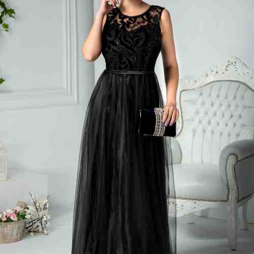 Rochie Xenia lunga neagra din tull cu broderie catifelata la bust