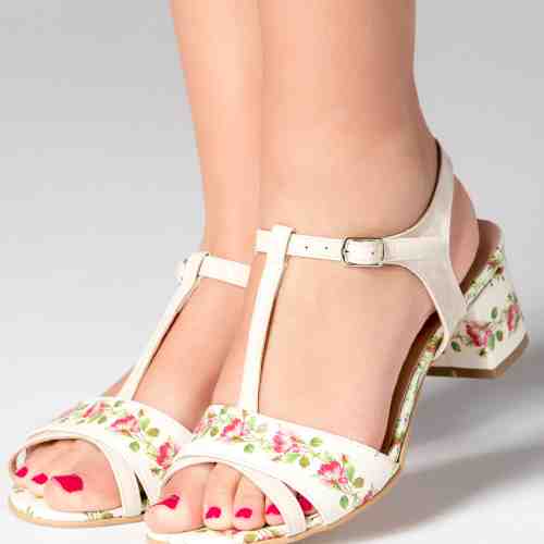 Sandale cu toc jos ivory cu imprimeu floral