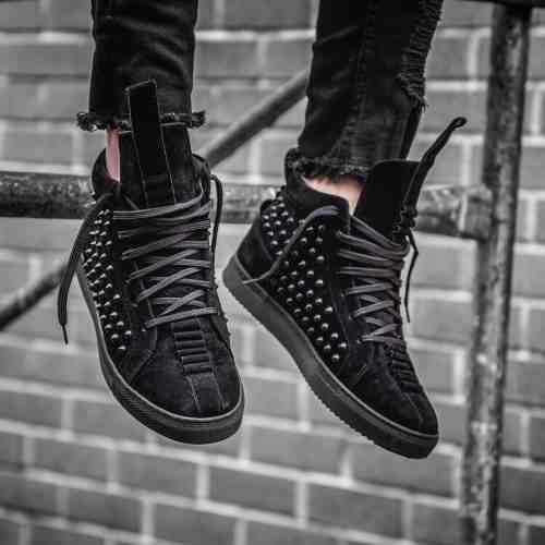 Sneakers pentru barbati, negru, handmade, piele naturala, cu tinte, peste glezna - BB270