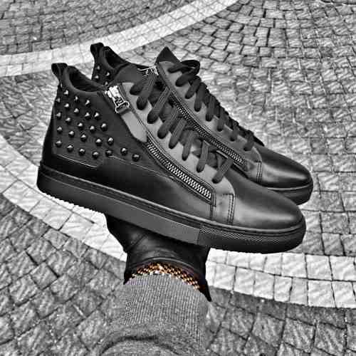 Sneakers pentru barbati, negru, handmade, piele naturala, cu tinte, peste glezna - BB282