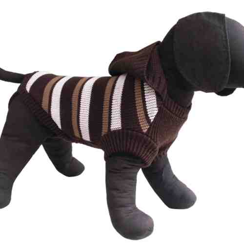 Pulover maro tricotat cu gluga si dungi pentru caini Vesto 28 cm