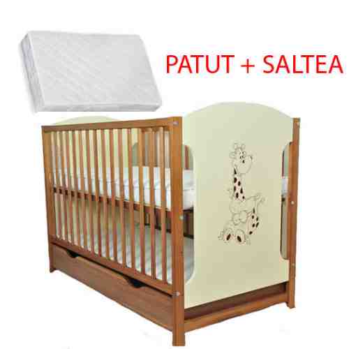 Patut din lemn Giraffe Natur + Saltea Cocos