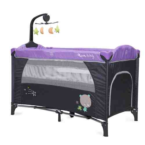 Patut pliabil cu doua nivele si mini carusel Moon Way Purple