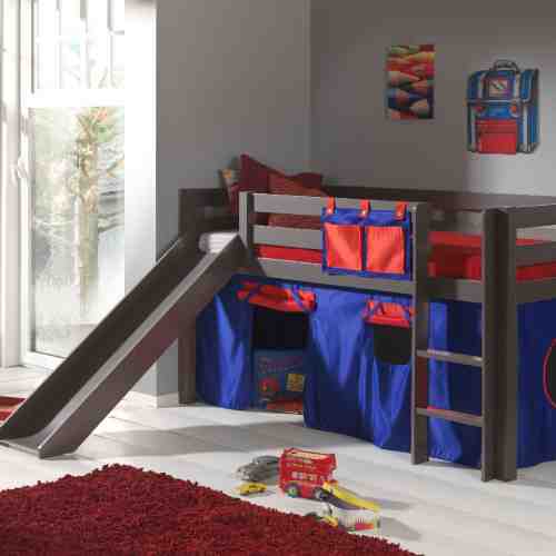 Pat din lemn de pin pentru copii cu topogan Pino Blue / Red