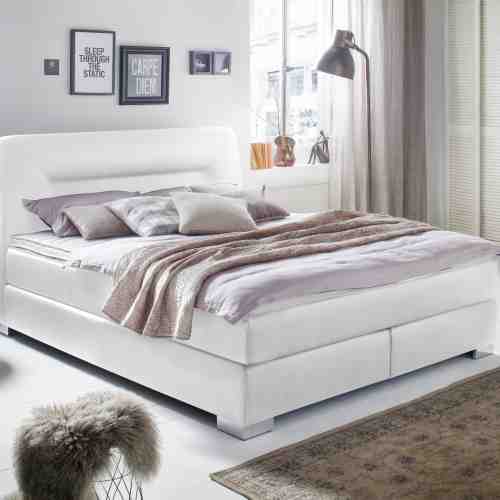 Pat tapitat cu piele ecologica Cocktail Boxspring Alb cu picioare patrate